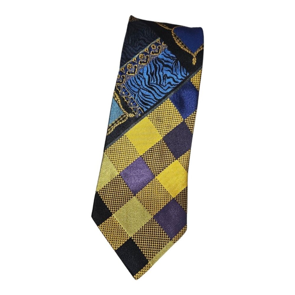 GIANNI VERSACE Men's 100% Silk Necktie LUXURY Tie Gold Blue Geometric W:3.7" EUC